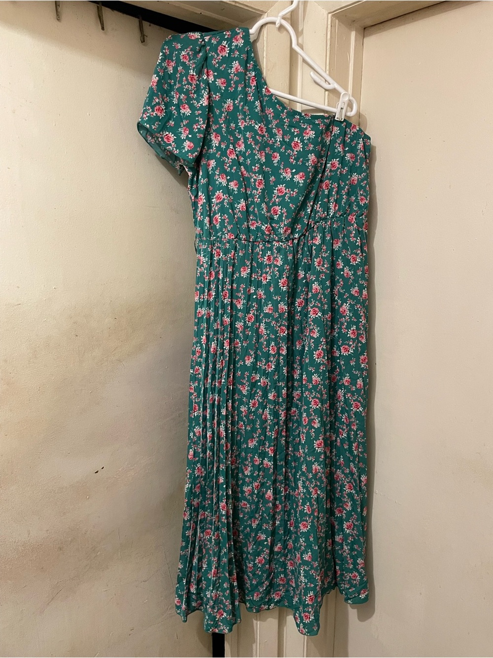 Green Floral V-Neck Puff Sleeve Midi A-Line Dress XL